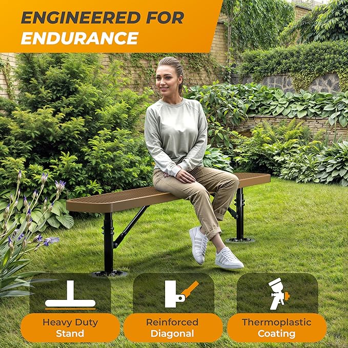 Heavy-Duty Outdoor Metal Bench, Thermoplastic-Coated, Surface, Weatherproof, Commercial-Grade for Parks, Gardens, Patios, Stores & More (6 Ft - Surface, Brown)