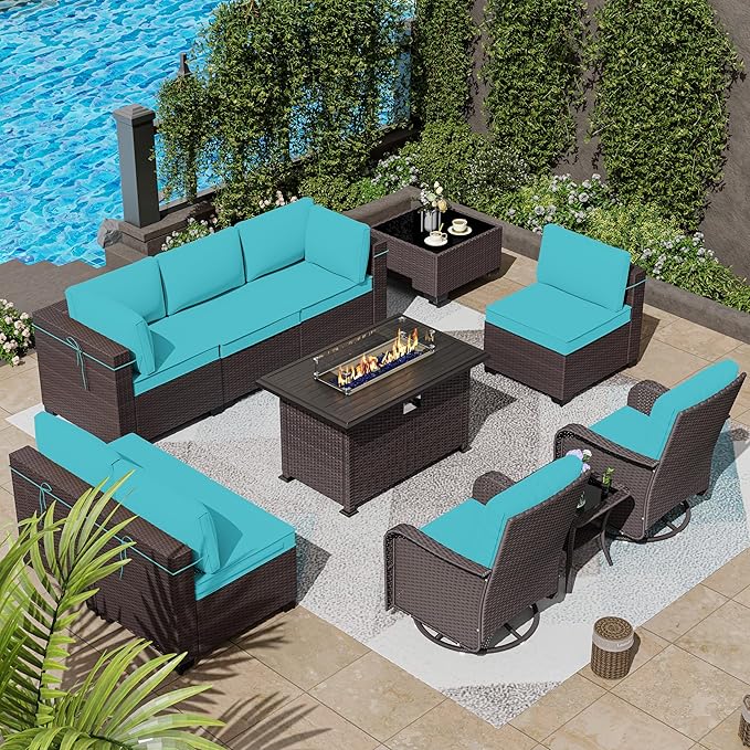11 Pieces Patio Furniture Set with 2 Swivel Chairs Patio Furniture Outdoor Sectional Sofas with 55000 Gas Fire Pit Patio Conversation Set w/7 Cushions-
