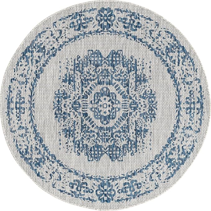 Unique Loom Outdoor Traditional Collection Area Rug - Timeworn (5' 3" Round, Blue/ Gray)