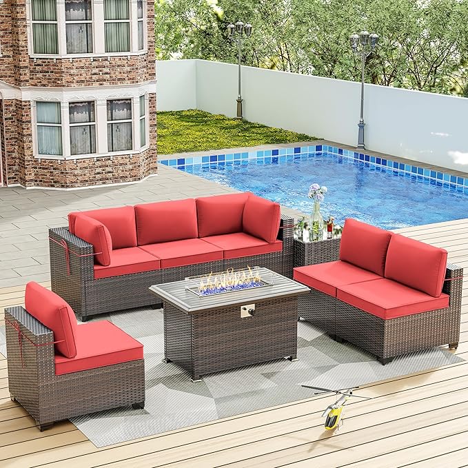 ALAULM Patio Furniture Set with Fire Pit Table 55000 BTU, Outdoor Sectional with Wide Seat and Thick Cushion, 8 Piece Wicker Rattan Conversation Set with Coffee Table for Garden, Deck, Red