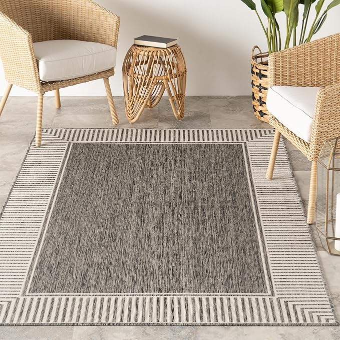 nuLOOM 6' 7" x 9' Outdoor Area Rug, Casual Design with Striped Border, Stain Resistant, Highly Durable, for Patio, Balcony, Bedroom, Living Room, Dining Room, Bathroom, Steel
