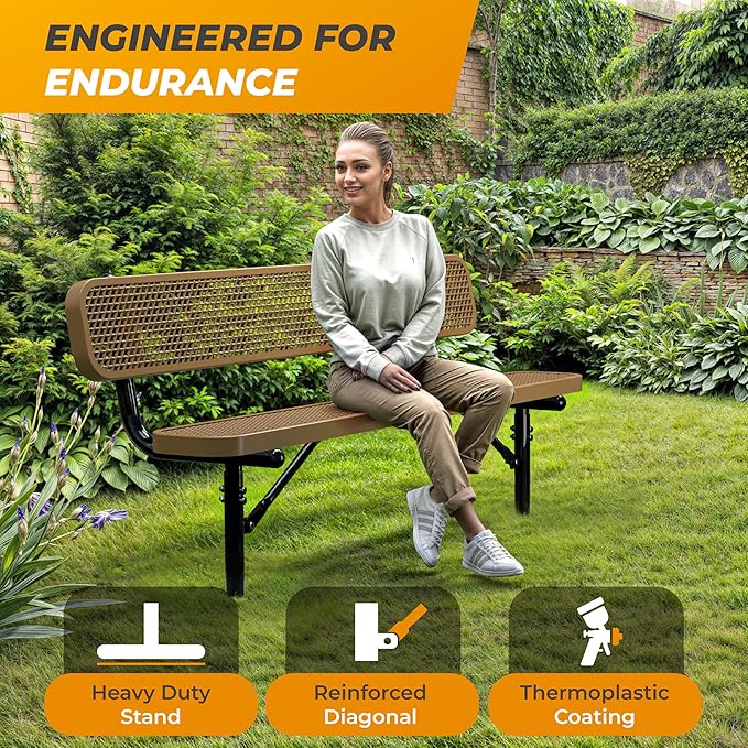Heavy-Duty Outdoor Metal Bench, Thermoplastic-Coated, Inground, Weatherproof, Commercial-Grade for Parks, Gardens, Patios, Stores & More (6 Ft - Inground with Back, Brown)