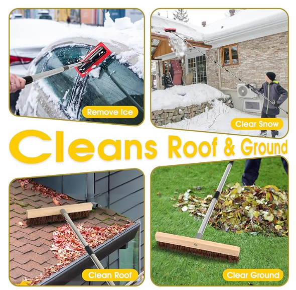 2-in-1 Leaf Roof Brush and Snow Rake, Roof Cleaning Brush & Leaf Removal Tool, Adjustable 5-20ft Cleaning Brush Tool for Cleaning Shingles, Solar Panels, Car Tops with No-Scratch Head