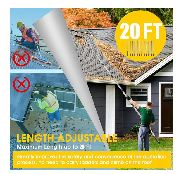 2-in-1 Leaf Roof Brush and Snow Rake, Roof Cleaning Brush & Leaf Removal Tool, Adjustable 5-20ft Cleaning Brush Tool for Cleaning Shingles, Solar Panels, Car Tops with No-Scratch Head