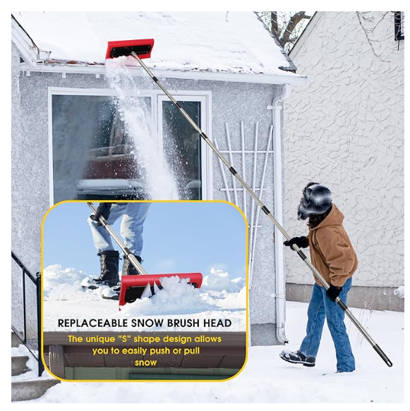 2-in-1 Leaf Roof Brush and Snow Rake, Roof Cleaning Brush & Leaf Removal Tool, Adjustable 5-20ft Cleaning Brush Tool for Cleaning Shingles, Solar Panels, Car Tops with No-Scratch Head