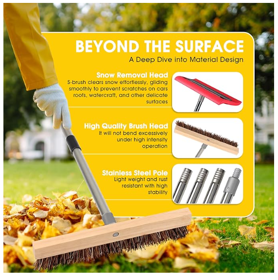 2-in-1 Leaf Roof Brush and Snow Rake, Roof Cleaning Brush & Leaf Removal Tool, Adjustable 5-20ft Cleaning Brush Tool for Cleaning Shingles, Solar Panels, Car Tops with No-Scratch Head