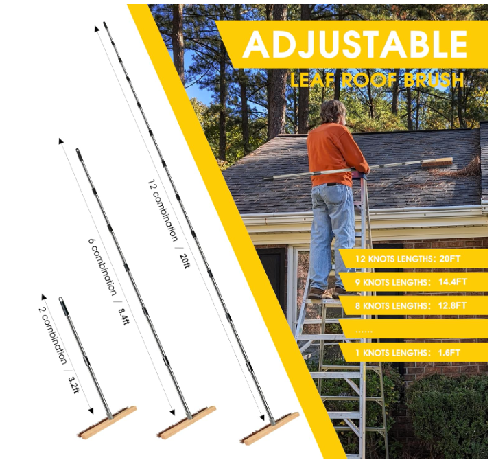 2-in-1 Leaf Roof Brush and Snow Rake, Roof Cleaning Brush & Leaf Removal Tool, Adjustable 5-20ft Cleaning Brush Tool for Cleaning Shingles, Solar Panels, Car Tops with No-Scratch Head