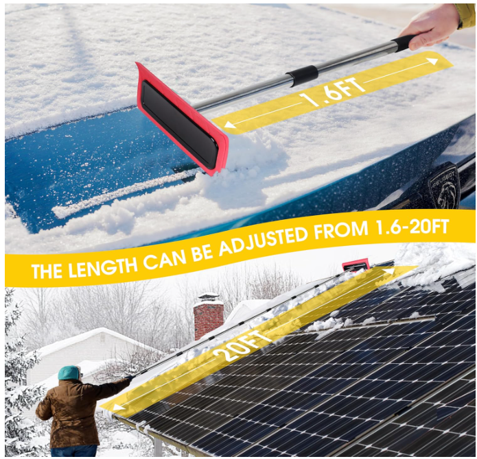 2-in-1 Leaf Roof Brush and Snow Rake, Roof Cleaning Brush & Leaf Removal Tool, Adjustable 5-20ft Cleaning Brush Tool for Cleaning Shingles, Solar Panels, Car Tops with No-Scratch Head