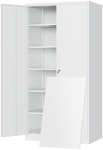 Yizosh Metal Storage Cabinet with Locking Doors and 5 Adjustable Shelves,- 72" Garage Storage White Steel Lockable File Cabinet for Office,Home,Garage