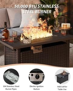 Aoxun 44" Propane Fire Pit 50,000 BTU Outdoor Wicker Fire Table with Wood-grainTabletop Patio Rectangular 2-in-1 Gas Fire Pit Table with Firepit Lid and Waterproof Cover（Black Rattan& Black Tabletop）
