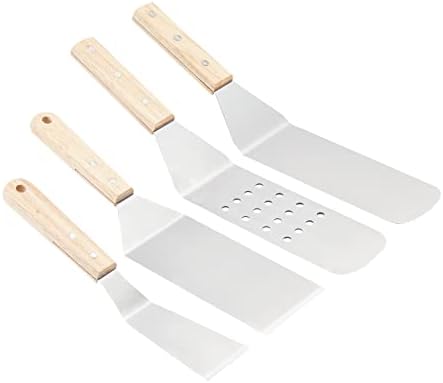 Amazon Basics 4-Piece Stainless Steel BBQ Grilling Tool Set for Outdoor Cooking, Griddle Spatula, Heat Resistant, Dishwasher Safe, Silver