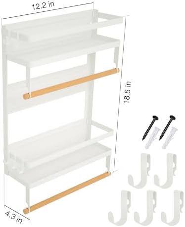 Magnetic Paper Towel Holder with Multi-Layer Storage Shelf, Stable Magnetic Organizer for Refrigerator, Garage Tool Cabinet and RV, Wall Mount Spice Rack and Paper Roll Hanger(Large-White)