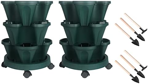 GameXcel Vertical Planter Tower - 3 Tier Stackable Garden Planters with Wheels and Tools Plant Pots for Strawberry Herb Flower and Vegetable Indoor Outdoor Use Green 2 Pack