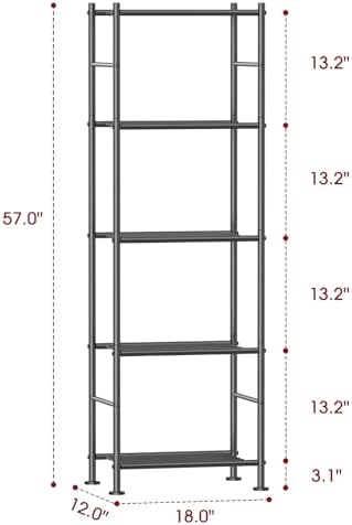 Sakugi Storage Shelves - 5 Tier Shelf Organizer, Sturdy Metal Garage Shelving with Adjustable Leveling Feet, Space-Saving Shelves Organizer for Pantry, Laundry, Kitchen (18" x 12" x 57", Black)