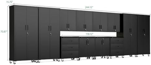 12-Piece Heavy Duty Steel Garage Cabinet System | All-in-One Modular Garage Cabinet Set for Ultimate Workshop Organization | Easy Assembly Garage Storage Cabinets & Tool Bench (Black)