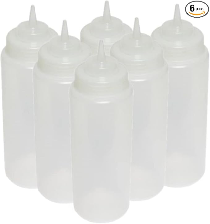 TrueCraftware- 32 oz Clear Squeeze Condiment Wide Mouth Dispensing Bottles Set of 6- Plastic Squeeze Bottle For Sauces Spreads Ketchup Mustard Mayo Hot sauces and Olive oil