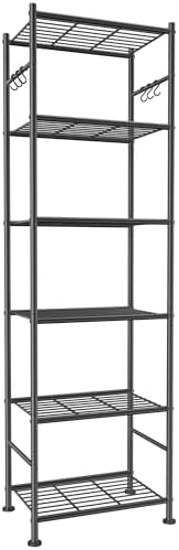 Sakugi Storage Shelves - 6-Tier Large Capacity Shelf Organizer with Hooks, Heavy-Duty Garage Shelving with Leveling Feet, Wobble-Free Rack for Bedroom, Balcony, Garage, 18.1"×12.4"×70.1", Black