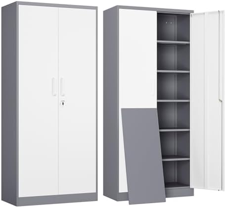 Yizosh Metal Garage Storage Cabinet with 2 Doors and 5 Adjustable Shelves - 71" Steel Lockable File Cabinet,Locking Tool Cabinets for Office,Home,Garage,Gym,School (Gray White)