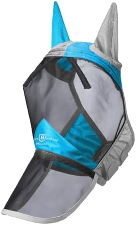 Harrison Howard Pro Luminous Horse Fly Mask Long Nose with Ears UV Protection for Horse Azure Blue/Silver Small Pony