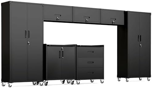 Garage Cabinet System | Heavy Duty Steel All-in-One Modular Garage Cabinet Set for Ultimate Workshop Organization | Easy Assembly Garage Storage Cabinets & Tool Bench