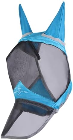 Harrison Howard CareMaster Pro Luminous Horse Fly Mask Large Eye Space Long Nose with Ears UV Protection for Horse Sky Blue S Pony