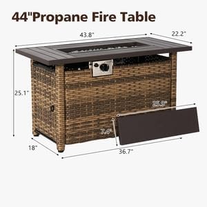 Aoxun 44" Propane Fire Pit 50,000 BTU Outdoor Wicker Fire Table Patio Rectangular 2-in-1 Gas Fire Pit Table with Firepit Lid and Waterproof Cover（Brown Rattan，Brown Top）