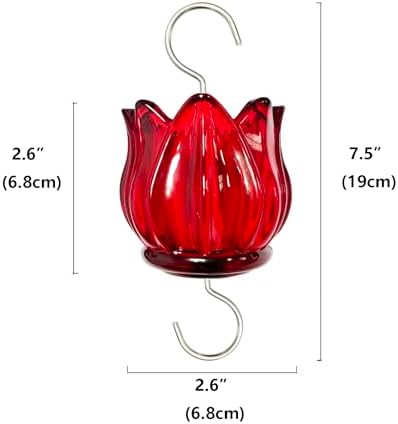 Real Glass Ant Moat for Hummingbird Feeders & Oriole Feeders Glass Tulip Shape Insect Guard with Large Capacity Flower Design Nectar Feeder Accessory Hooks (Red, 1 Pack)