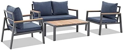 JOIVI Aluminum Patio Furniture Set, 4 Pieces Outdoor Conversation Set with Teak Wood Top Coffee Table, Sectional Sofa Set with Wood Armrest and Cushions for Outside Poolside, Lawn, Backyard, Navy Blue