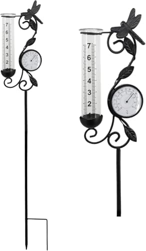 Rain Gauge Outdoor with Thermometer, Dragonfly Metal Garden Stake