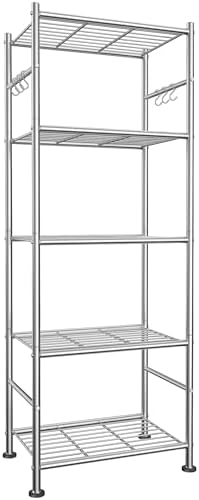 Sakugi Storage Shelves - 5-Tier Large Capacity Shelf Organizer with Hooks, Heavy-Duty Garage Shelving with Leveling Feet, Wobble-Free Rack for Bedroom, Balcony, Garage, 18.1"×12.4"×56.8", Silver