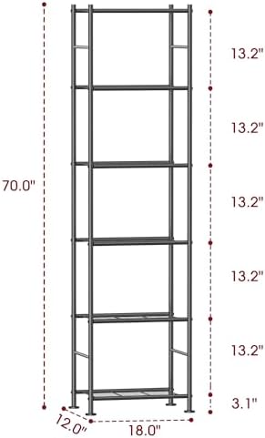 Sakugi Storage Shelves - 6 Tier Shelf Organizer, Sturdy Metal Garage Shelving with Adjustable Leveling Feet, Space-Saving Shelves Organizer for Pantry, Laundry, Kitchen (18" x 12" x 70", Black)