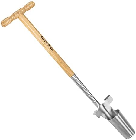 Long Handle Bulb & Grass Plug Planter, Pro Plugger with Depth Marker & Sharp Teeth, Solid Wood Handle