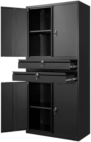 Yizosh Metal Garage Storage Cabinet with Locking Doors and Adjustable Shelves, 71" Tool Storage Cabinet with 2 Drawer for Garage,Warehouse