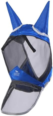 Harrison Howard CareMaster Pro Luminous Horse Fly Mask Large Eye Space Long Nose with Ears UV Protection for Horse Signature Blue Medium Cob