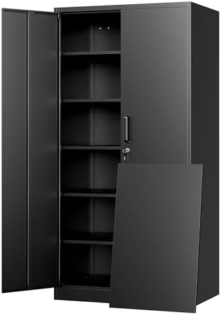 Yizosh Metal Storage Cabinet with Lock - 72" Garage Storage Cabinet with 2 Locking Doors and 5 Adjustable Shelves, Black Steel Lockable for Office,Home,Garage