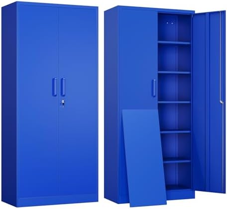 Yizosh Metal Garage Storage Cabinet with 2 Doors and 5 Adjustable Shelves - 71" Steel Lockable File Cabinet,Locking Tool Cabinets for Office,Home,Garage,Gym,School (Blue)