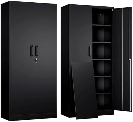 Yizosh Metal Garage Storage Cabinet with 2 Doors and 5 Adjustable Shelves - 71" Steel Lockable File Cabinet,Locking Tool Cabinets for Office,Home,Garage,Gym,School (Black)