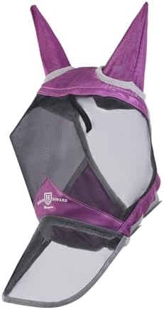 Harrison Howard CareMaster Pro Luminous Horse Fly Mask Large Eye Space Long Nose with Ears UV Protection for Horse Dark Magenta S Pony