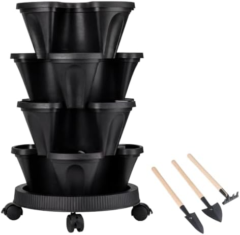 GameXcel Vertical Planter Tower - 4 Tier Stackable Garden Planters with Wheels and Tools Plant Pots for Strawberry Herb Flower and Vegetable Indoor Outdoor Use Black