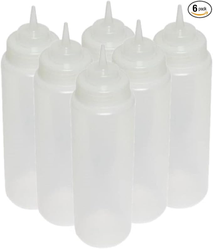 TrueCraftware- 24 oz Clear Squeeze Condiment Wide Mouth Dispensing Bottles Set of 6- Plastic Squeeze Bottle For Sauces Spreads Ketchup Mustard Mayo Hot sauces and Olive oil