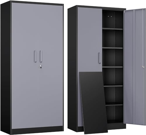 Yizosh Metal Garage Storage Cabinet with 2 Doors and 5 Adjustable Shelves - 71" Steel Lockable File Cabinet,Locking Tool Cabinets for Office,Home,Garage,Gym,School (Gray Black)