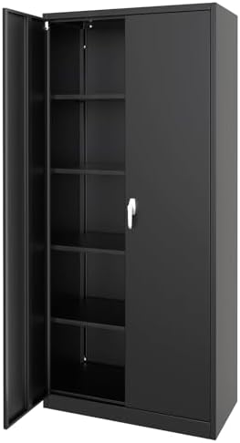 GarveeHome Metal Storage Cabinet with Lock, Steel Tool Cabinet with 4 Adjustable Shelves and 4 Adjustable Feet,Storage Organization for Home, Garage, Office, Shop