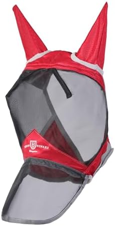 Harrison Howard CareMaster Pro Luminous Horse Fly Mask Large Eye Space Long Nose with Ears UV Protection for Horse Red XL Extra Full
