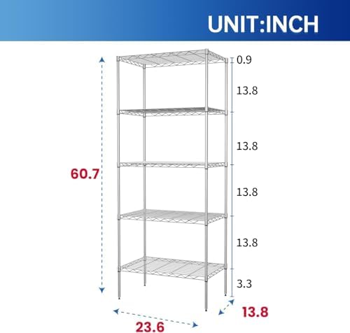 PayLessHere | 5-Tier Wire Shelf | 24"x14"x60" | Chrome | Adjustable Racks | Heavy-Duty Storage Shelves, Holds Upto 750 lbs | Rust-Resistant, No-Tool Assembly | for Home, Garage Shelving