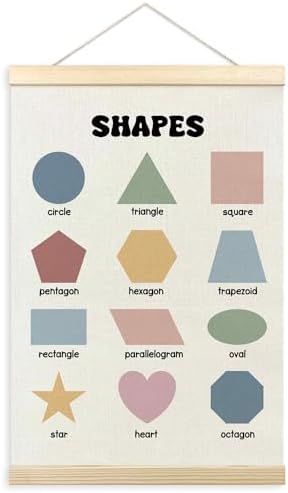 TLESKE Boho Classroom Shapes Chart Poster Hanger Frame, Homeschool Hanging Wall Art Decor for Toddlers Kids Room Nursery Playroom, Preschool Prek Learning Educational Poster Print Banner, 16x24