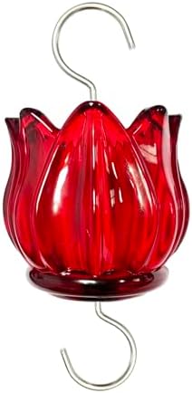 Real Glass Ant Moat for Hummingbird Feeders & Oriole Feeders Glass Tulip Shape Insect Guard with Large Capacity Flower Design Nectar Feeder Accessory Hooks (Red, 1 Pack)