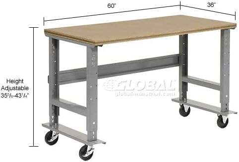 Global Industrial Mobile Adjustable Height Workbench, Shop Square Edge, 60" W x 36" D, Gray