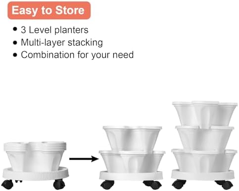 GameXcel Vertical Planter Tower - 3 Tier Stackable Garden Planters with Wheels and Tools Plant Pots for Strawberry Herb Flower and Vegetable Indoor Outdoor Use White