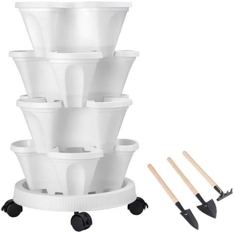GameXcel Vertical Planter Tower - 4 Tier Stackable Garden Planters with Wheels and Tools Plant Pots for Strawberry Herb Flower and Vegetable Indoor Outdoor Use White