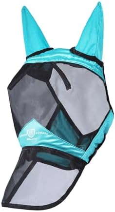 Harrison Howard Pro Luminous Horse Full Face Fly Mask Large Eye Space Long Nose with Ears UV Protection for Horse Teal XL